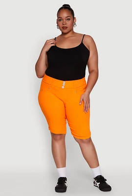 Womens Plus Trendy Snatched High Waist Bermuda Shorts with Faux Buttons,