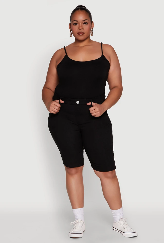 Womens Plus Size Stylish Snatched High Waist Bermuda Shorts with Faux Buttons, Black, Size 3X