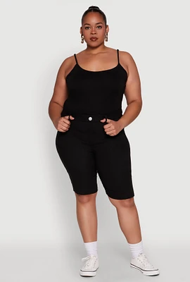 Womens Plus Size Stylish Snatched High Waist Bermuda Shorts with Faux Buttons, Black, Size 3X