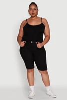 Womens Plus Size Stylish Snatched High Waist Bermuda Shorts with Faux Buttons, Black, Size 3X