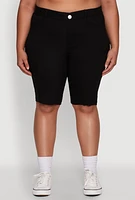 Womens Plus Size Stylish Snatched High Waist Bermuda Shorts with Faux Buttons, Black, Size 3X