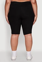 Womens Plus Size Stylish Snatched High Waist Bermuda Shorts with Faux Buttons, Black, Size 3X