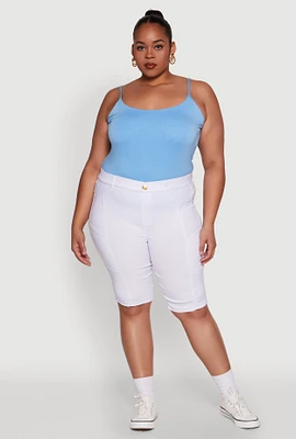 Womens Plus Size Stylish Snatched High Waist Bermuda Shorts with Faux Buttons, White, Size 3X