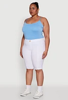 Womens Plus Size Stylish Snatched High Waist Bermuda Shorts with Faux Buttons, White, Size 3X