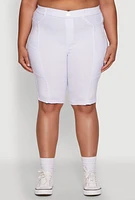 Womens Plus Size Stylish Snatched High Waist Bermuda Shorts with Faux Buttons, White, Size 3X