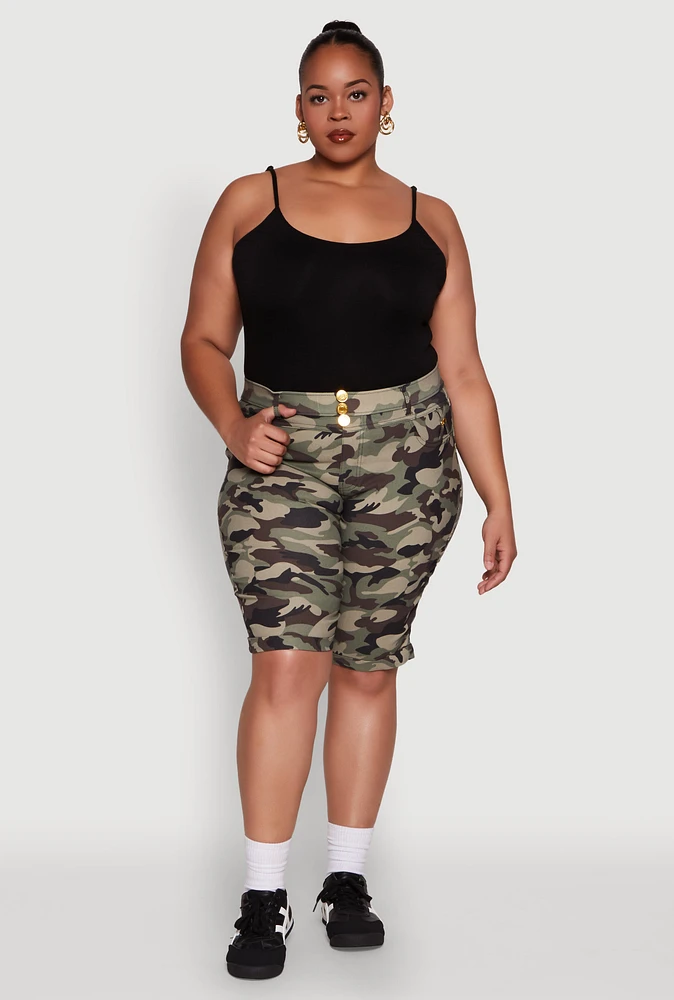 Womens Plus Size Trendy High Waisted Bermuda Shorts, Green, Size 2X