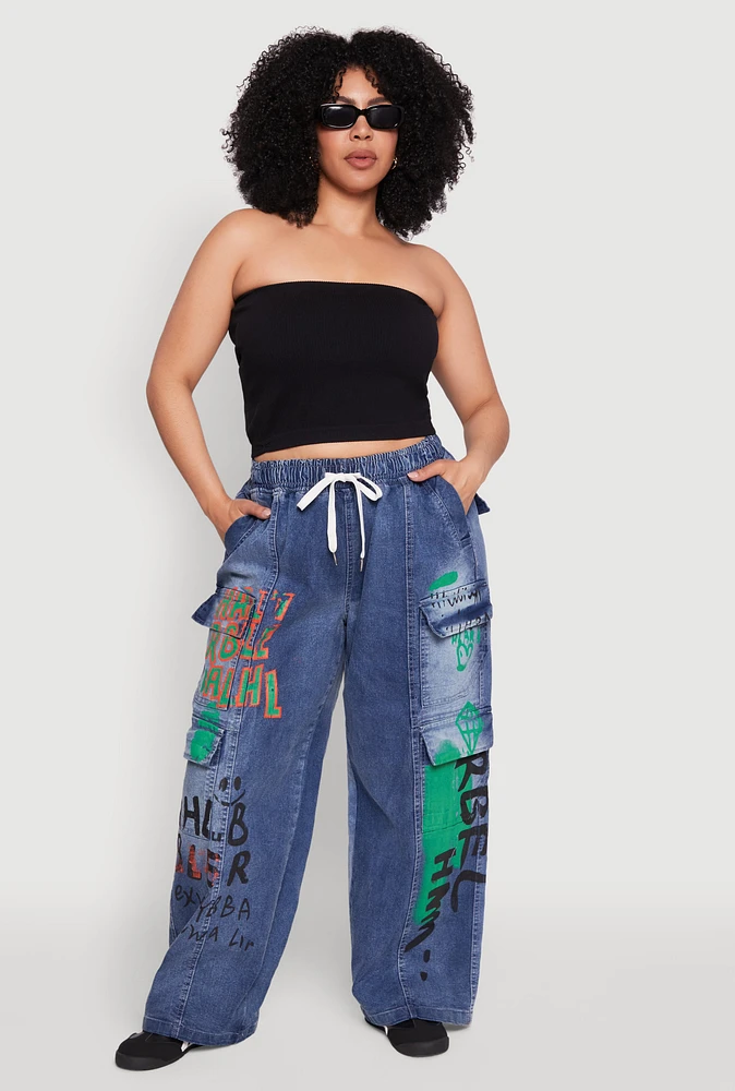 Womens Plus Size Spoon Jeans Graffiti Print Denim Cargo Joggers, Blue, Size 2X