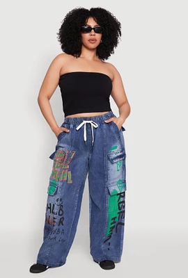 Womens Plus Size Spoon Jeans Graffiti Print Denim Cargo Joggers, Blue, Size 2X