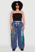Womens Plus Size Spoon Jeans Graffiti Print Denim Cargo Joggers, Blue, Size 2X