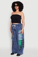 Womens Plus Size Spoon Jeans Graffiti Print Denim Cargo Joggers, Blue, Size 2X