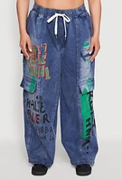 Womens Plus Size Spoon Jeans Graffiti Print Denim Cargo Joggers, Blue, Size 2X