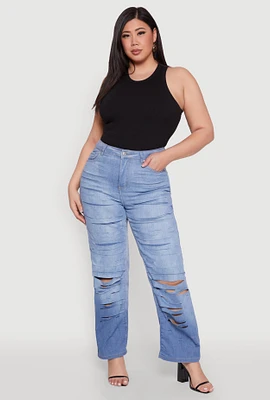 Womens Plus Size Slashed Straight Leg Ombre Jeans, Blue, Size 14
