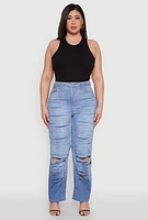 Womens Plus Size Slashed Straight Leg Ombre Jeans, Blue, Size 20