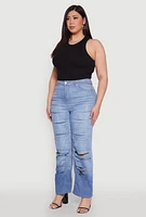 Womens Plus Size Slashed Straight Leg Ombre Jeans, Blue, Size 20