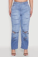 Womens Plus Size Slashed Straight Leg Ombre Jeans, Blue, Size 20