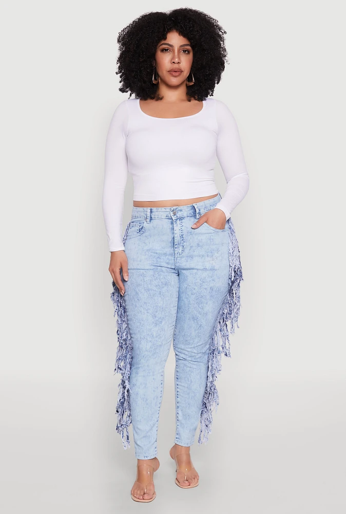 Womens Plus Mineral Wash Fringe Jeans, Blue,