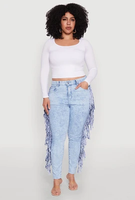 Womens Plus Mineral Wash Fringe Jeans, Blue,