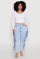 Womens Plus Mineral Wash Fringe Jeans, Blue,