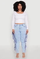Womens Plus Mineral Wash Fringe Jeans, Blue,