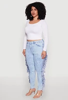 Womens Plus Mineral Wash Fringe Jeans, Blue,