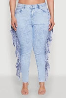 Womens Plus Mineral Wash Fringe Jeans, Blue,
