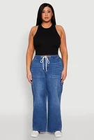 Womens Plus WAX Denim Drawstring Cargo Joggers, Blue,