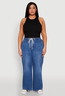 Womens Plus Size WAX Denim Drawstring Cargo Jeans, Blue, Size 3X