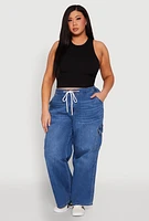Womens Plus WAX Denim Drawstring Cargo Joggers, Blue,