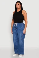 Womens Plus WAX Denim Drawstring Cargo Joggers, Blue,