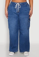 Womens Plus WAX Denim Drawstring Cargo Joggers, Blue,