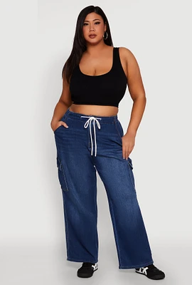 Womens Plus WAX Denim Drawstring Cargo Joggers, Blue,