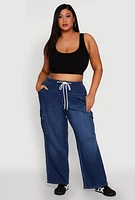 Womens Plus WAX Denim Drawstring Cargo Joggers, Blue,