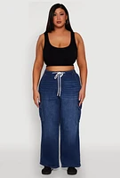 Womens Plus WAX Denim Drawstring Cargo Joggers, Blue,