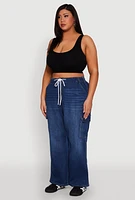 Womens Plus WAX Denim Drawstring Cargo Joggers, Blue,