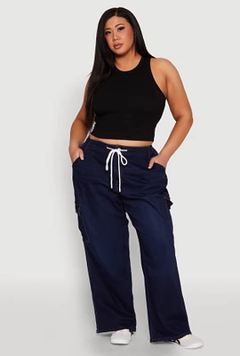 Womens Plus Size WAX Denim Drawstring Cargo Joggers, Blue, Size 2X