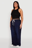 Womens Plus Size WAX Denim Drawstring Cargo Joggers, Blue, Size 2X