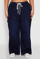Womens Plus Size WAX Denim Drawstring Cargo Joggers, Blue, Size 2X