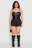 Womens Plus Daisy Denim Rhinestone Studded Shorts,