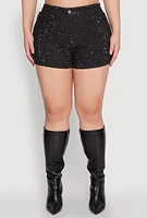 Womens Plus Daisy Denim Rhinestone Studded Shorts, 2X