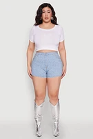 Womens Plus Size Daisy Denim Rhinestone Studded Shorts, Blue, Size 3X