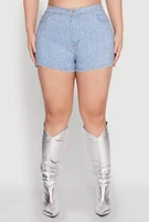 Womens Plus Size Daisy Denim Rhinestone Studded Shorts, Blue, Size 3X