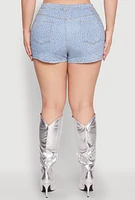 Womens Plus Size Daisy Denim Rhinestone Studded Shorts, Blue, Size 3X