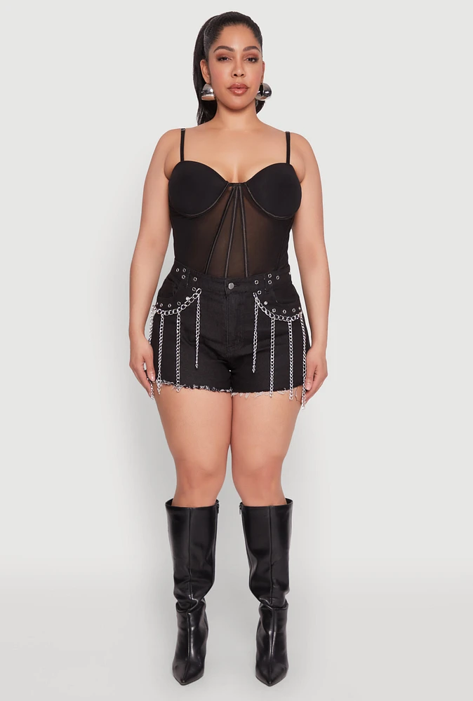 Womens Plus Size Daisy Grommet Chain Fringe Denim Shorts, Black, Size 1X