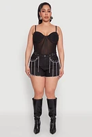Womens Plus Size Daisy Grommet Chain Fringe Denim Shorts, Black, Size 1X
