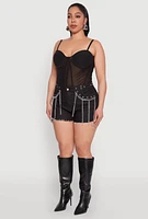 Womens Plus Size Daisy Grommet Chain Fringe Denim Shorts, Black, Size 1X