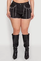 Womens Plus Size Daisy Grommet Chain Fringe Denim Shorts, Black, Size 1X