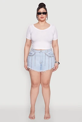 Womens Plus Size Daisy Grommet Chain Fringe Denim Shorts, Blue, Size 1X
