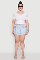 Womens Plus Size Daisy Grommet Chain Fringe Denim Shorts, Blue, Size 1X