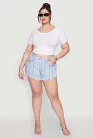 Womens Plus Size Daisy Grommet Chain Fringe Denim Shorts, Blue, Size 1X