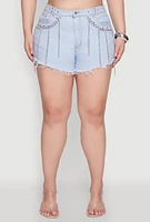 Womens Plus Size Daisy Grommet Chain Fringe Denim Shorts, Blue, Size 1X